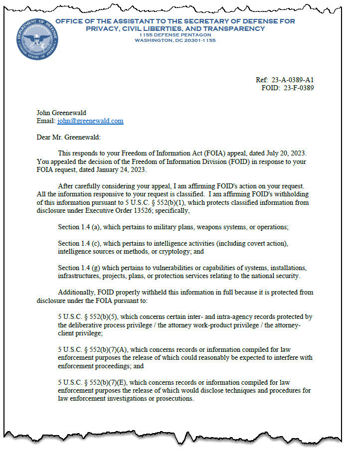 courrier ministere défense US ovni - uap