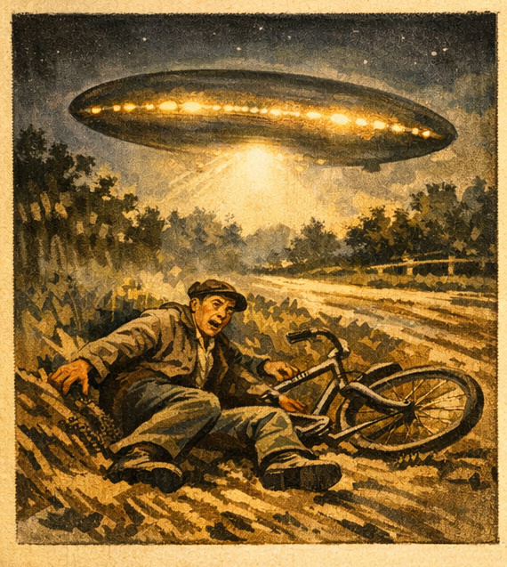 un ovni, le témoin en tombe de son vélo !